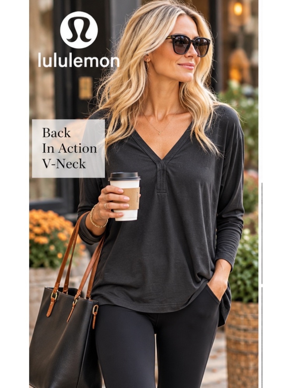 Lululemon Back in Action V Neck Long Sleeve Shirt Black Pima Cotton Size 2